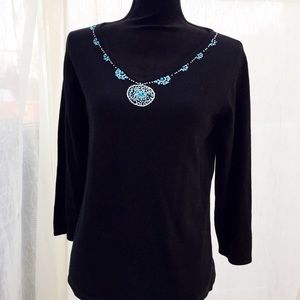 Susan Graver Black Knit Top with Turquoise Beaded Necklace Embellishment Small